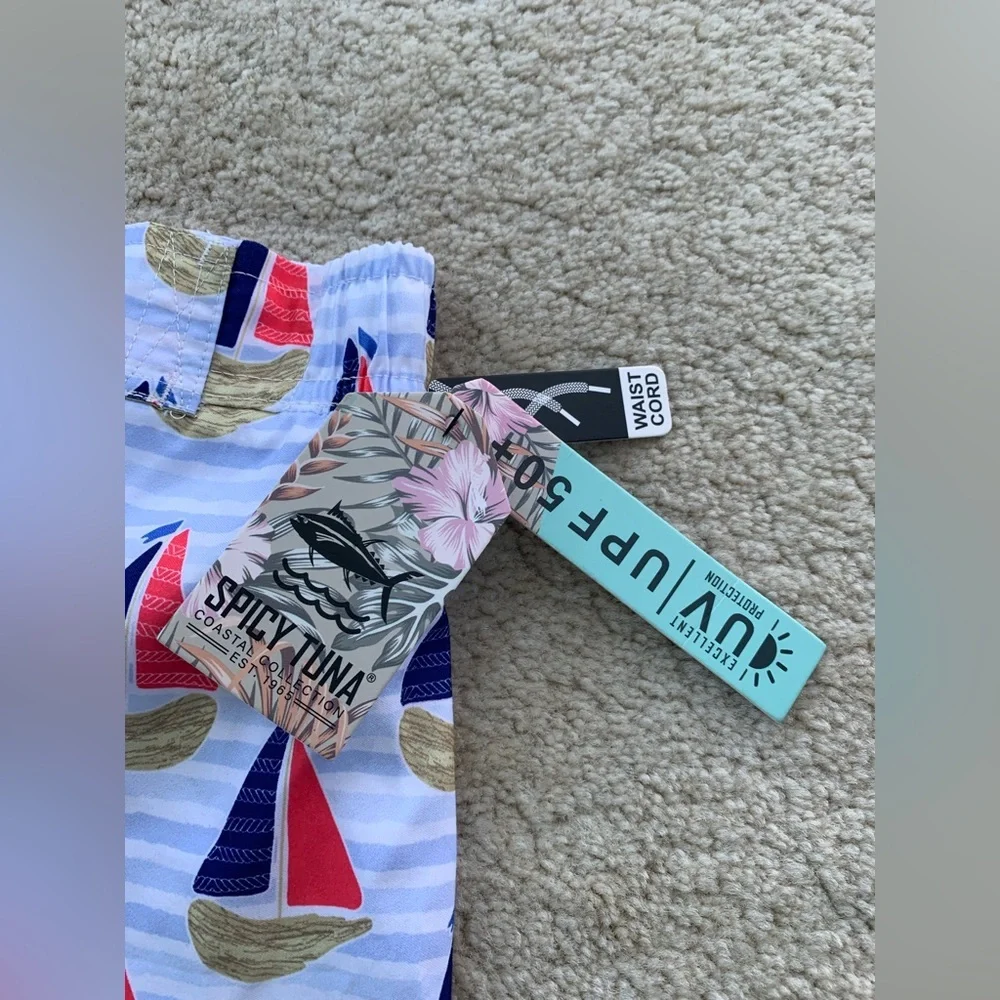 Spicy Tuna NWT Size 2T Blue Sailboat Print UPF 50 Swim Trunks